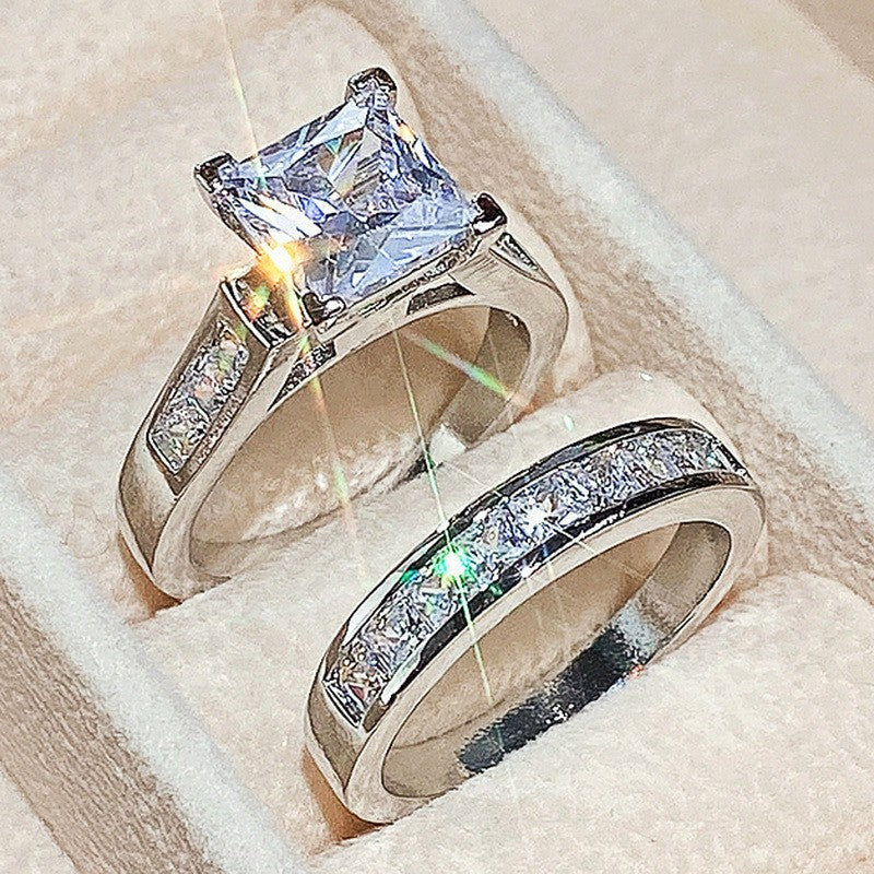 Lady's square diamond zircon couple rings